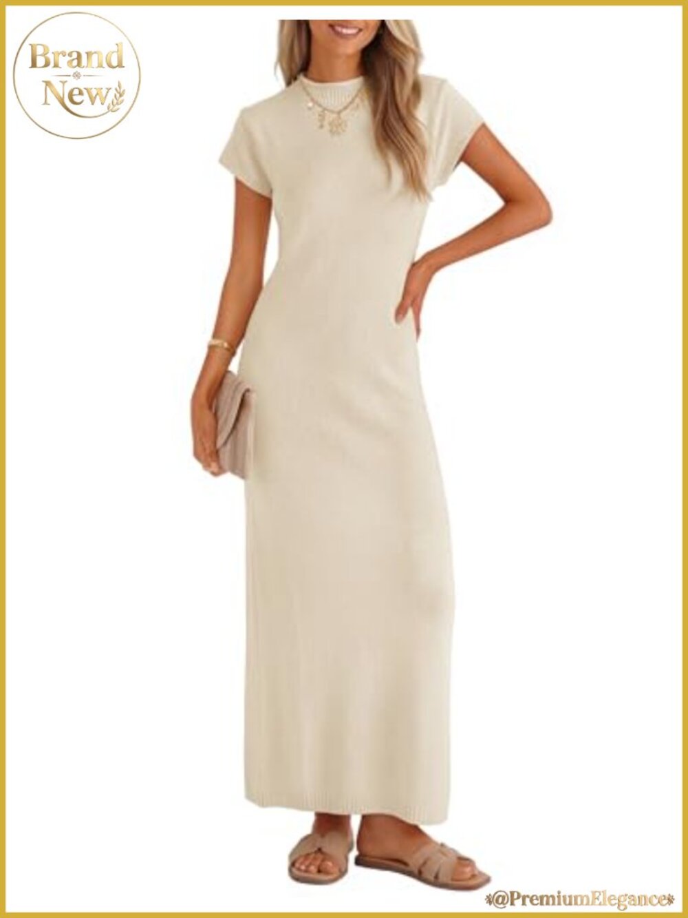 Bodycon Knit Sweater Maxi Dress Short Sleeve Crewneck Slim Fit